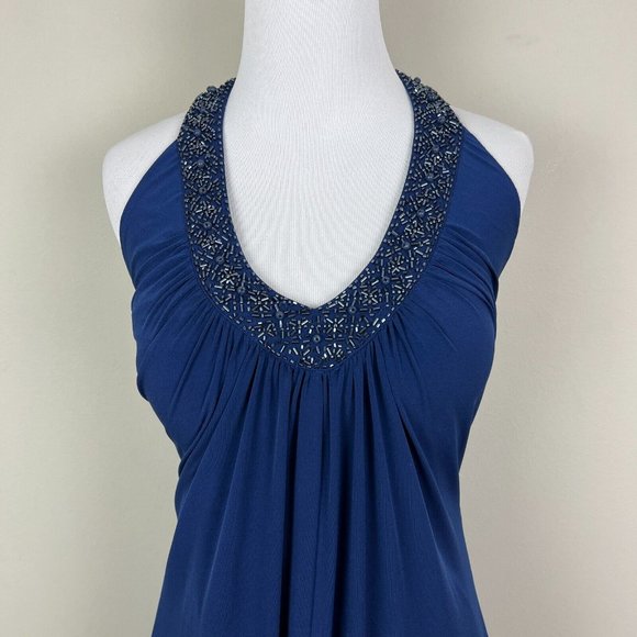 Alex Evenings Dress 4P Navy Blue Pleated Beaded Halter V-Neck Padded Bust Party - Picture 3 of 13